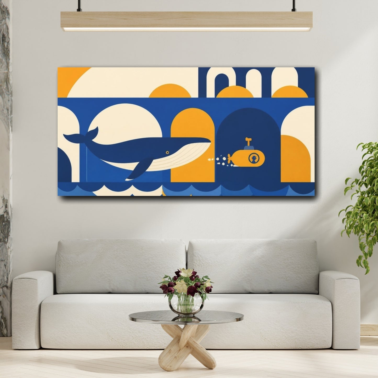 Mockup 2. Bauhaus Whale And Submarine shown as canvas print