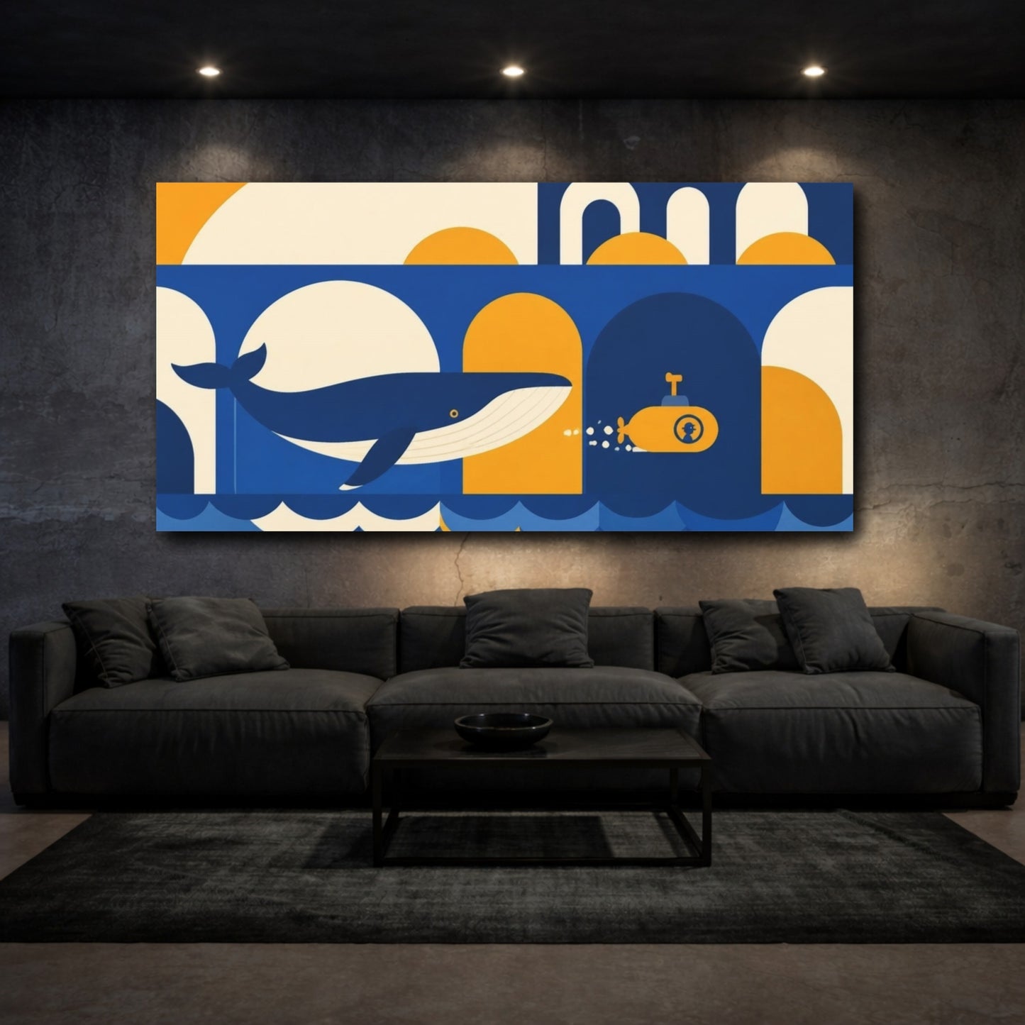 Mockup 3. Bauhaus Whale And Submarine shown as canvas print