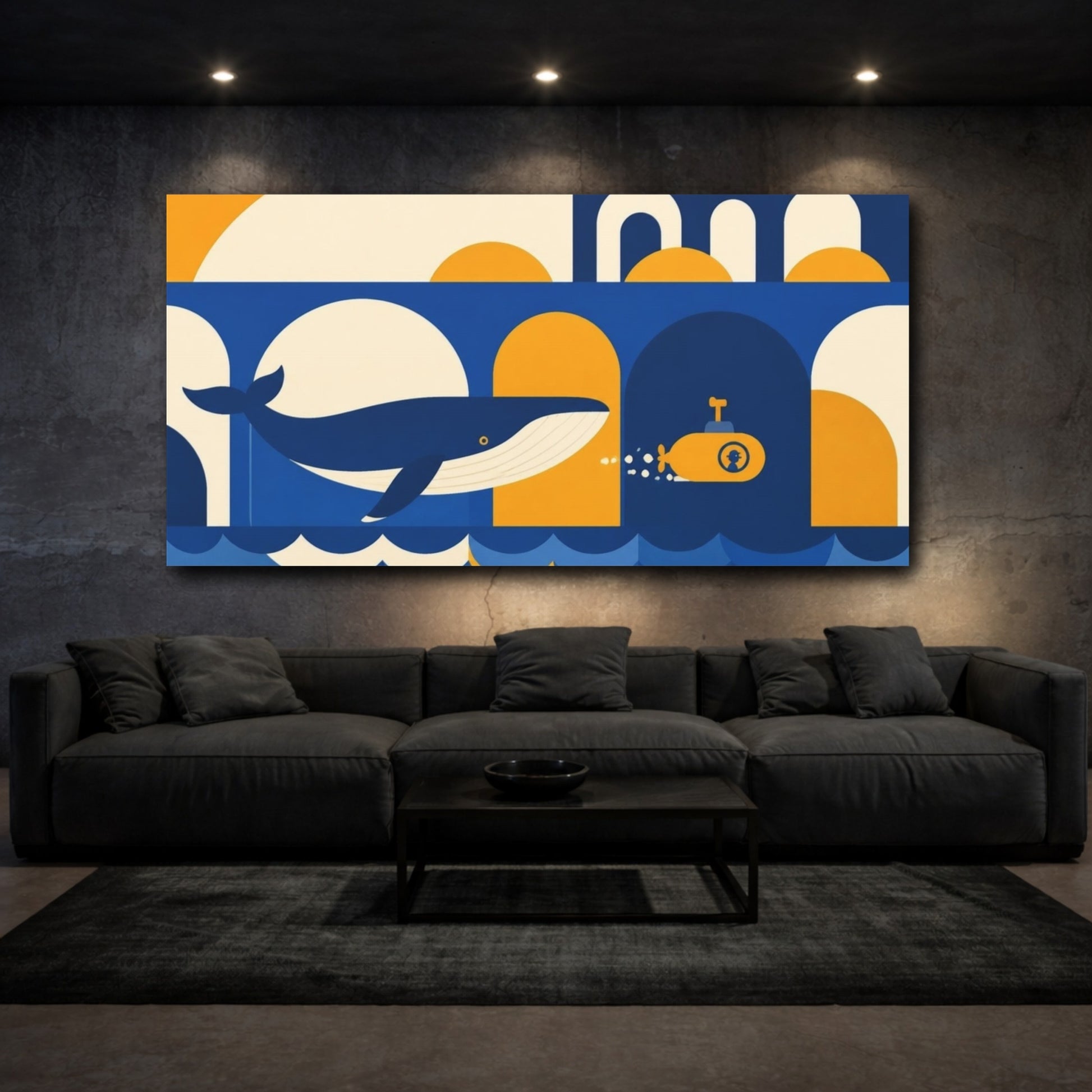 Mockup 3. Bauhaus Whale And Submarine shown as canvas print
