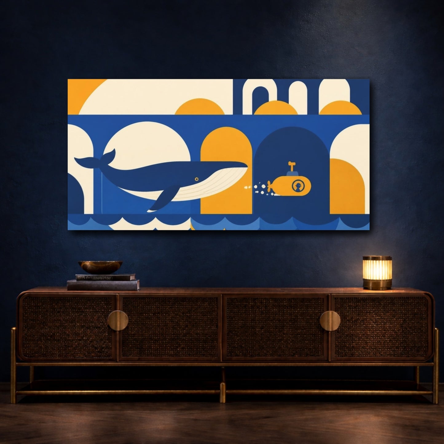Mockup 4. Bauhaus Whale And Submarine shown as canvas print