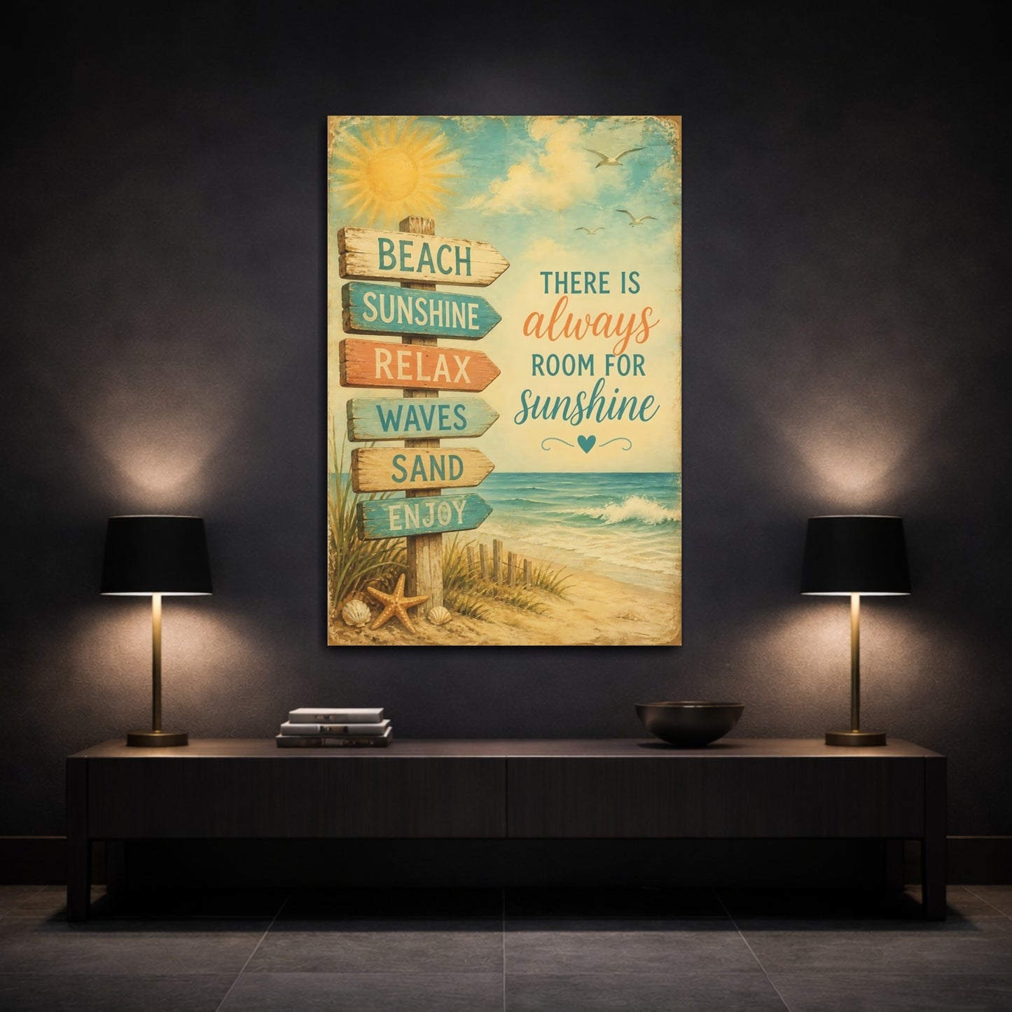 Mockup 3. Beach Sunshine Quotes Sign shown as canvas print