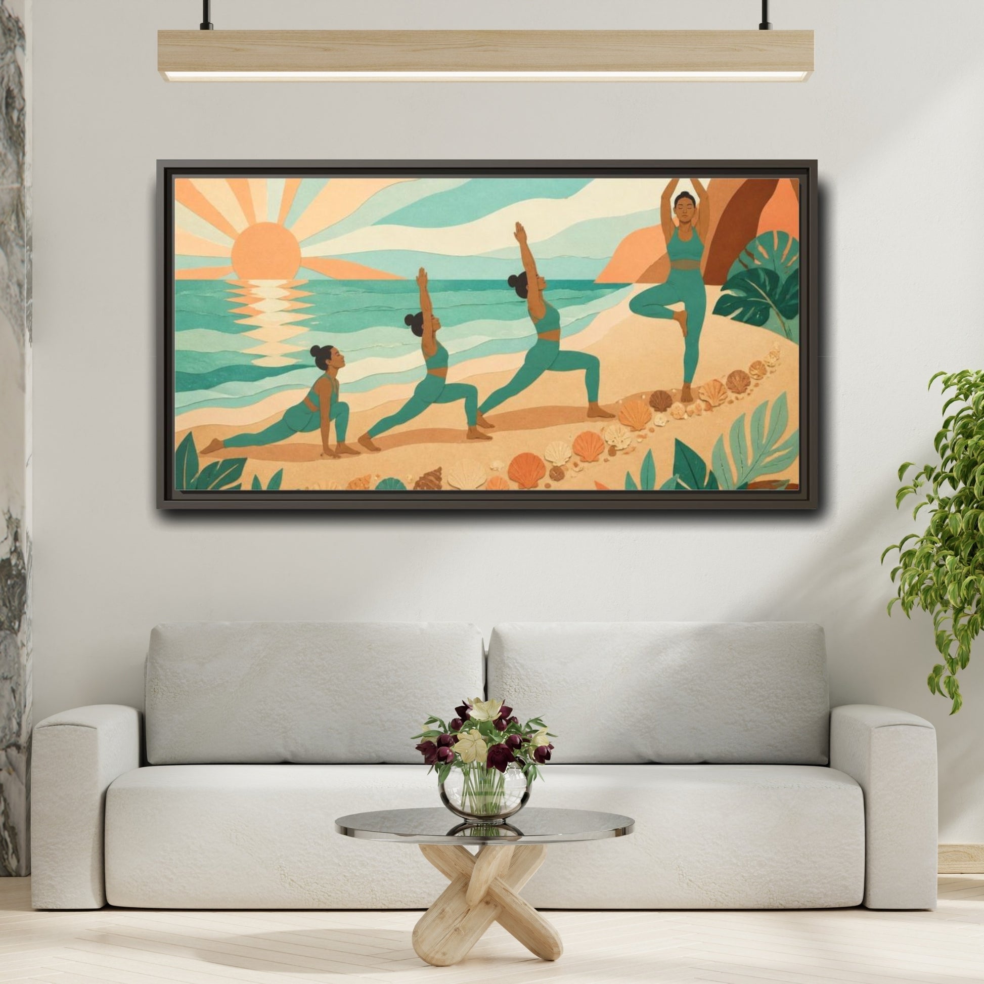 Mockup 2. Beach Yoga Sequence shown as framed canvas print