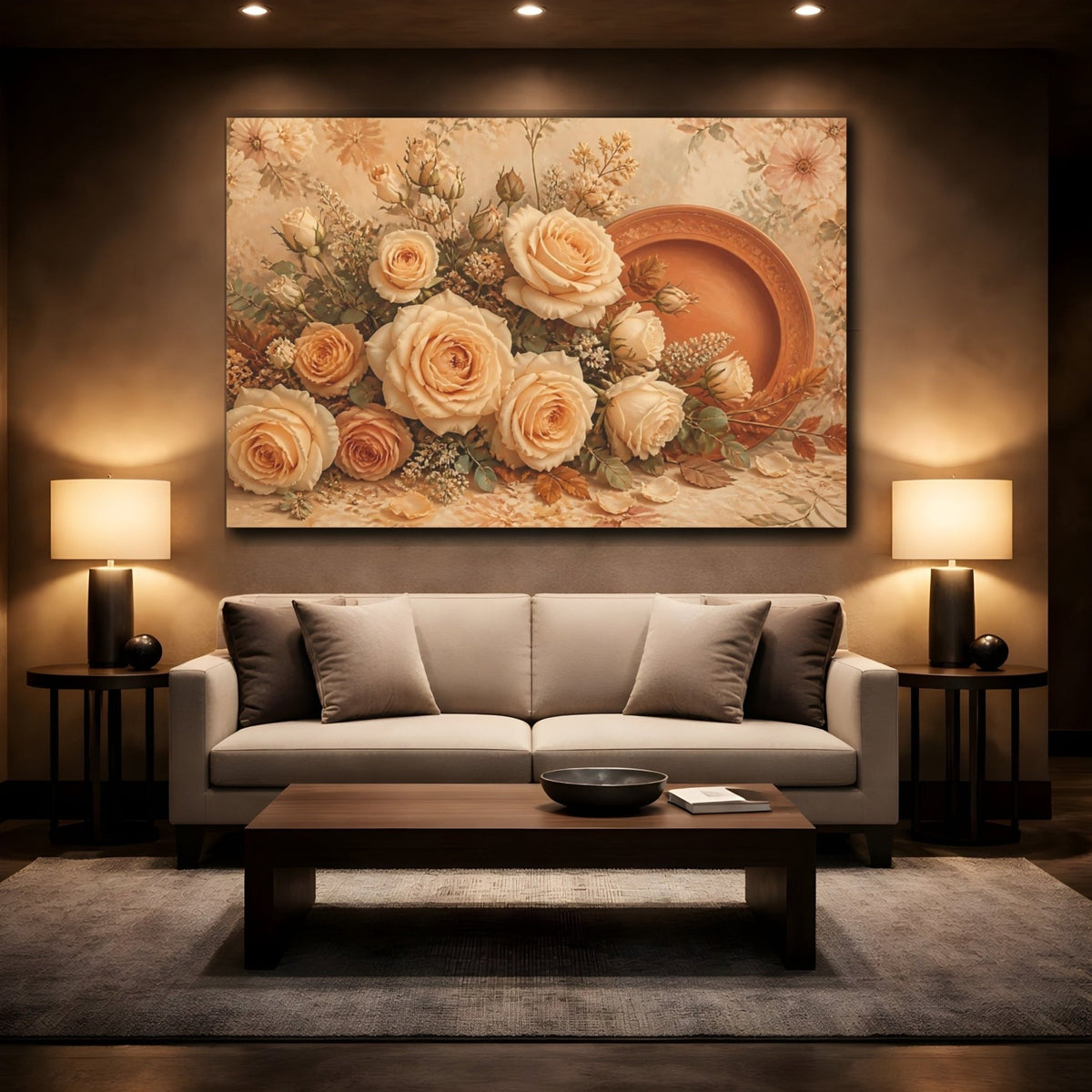 Beige Floral Rose Arrangement Canvas Print – Living Room, Above Fireplace, Warm - YesArtYes