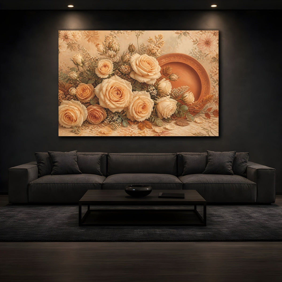 Beige Floral Rose Arrangement Canvas Print – Living Room, Above Fireplace, Warm - YesArtYes