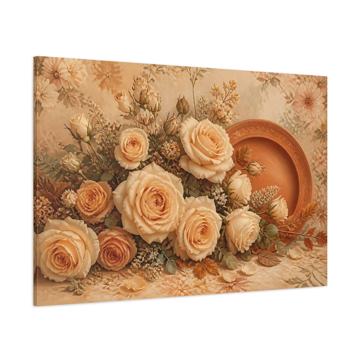 Beige Floral Rose Arrangement Canvas Print – Living Room, Above Fireplace, Warm - YesArtYes