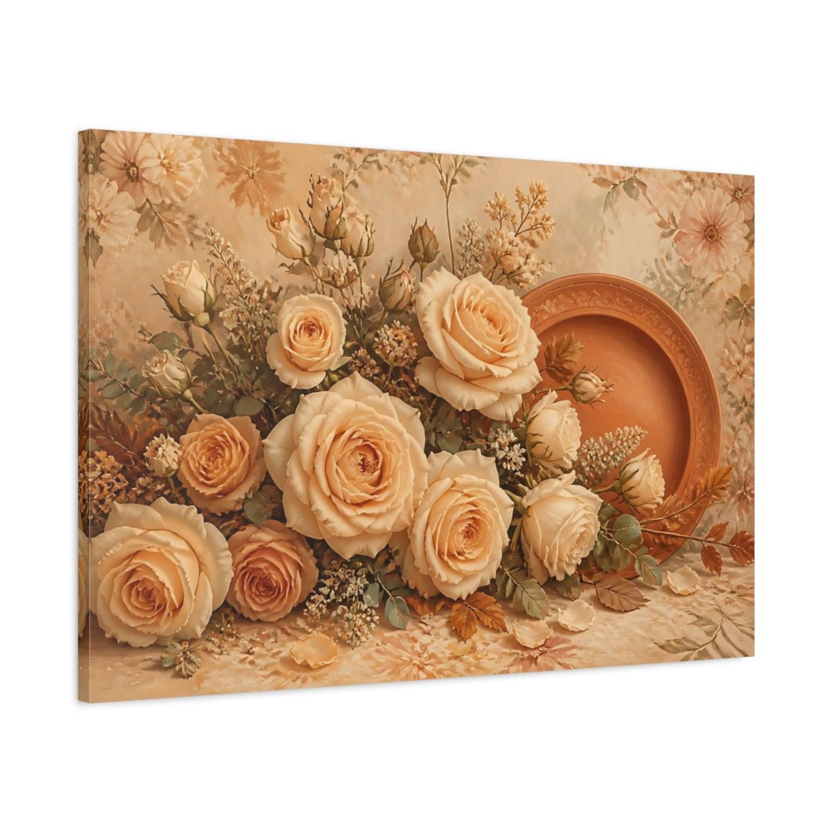 Beige Floral Rose Arrangement Canvas Print – Living Room, Above Fireplace, Warm - YesArtYes