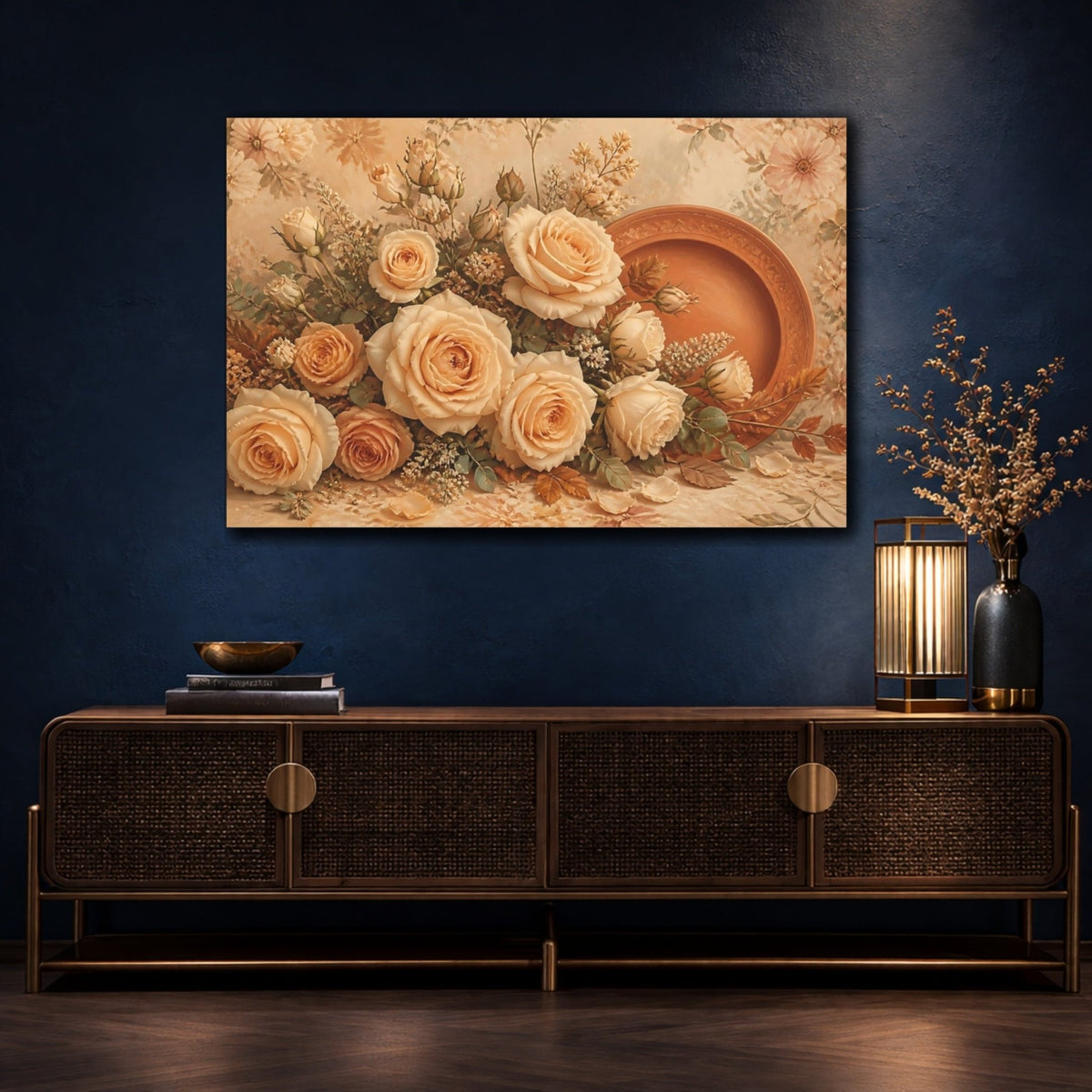 Beige Floral Rose Arrangement Canvas Print – Living Room, Above Fireplace, Warm - YesArtYes