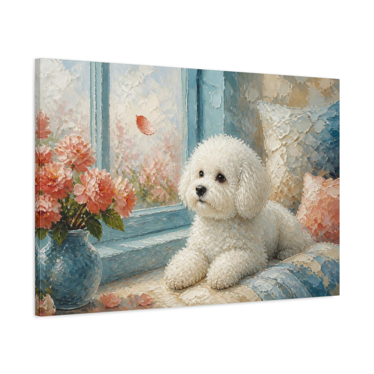 Main Mockup. Bichon Frise Pet By Window shown as canvas print