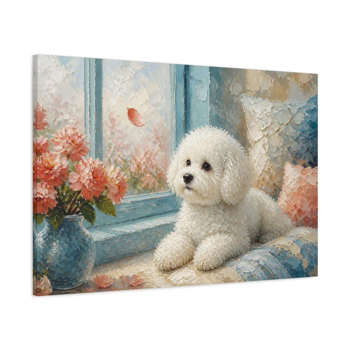 Bichon Frise Pet By Window Canvas Print – Living Room, Above Fireplace - YesArtYes