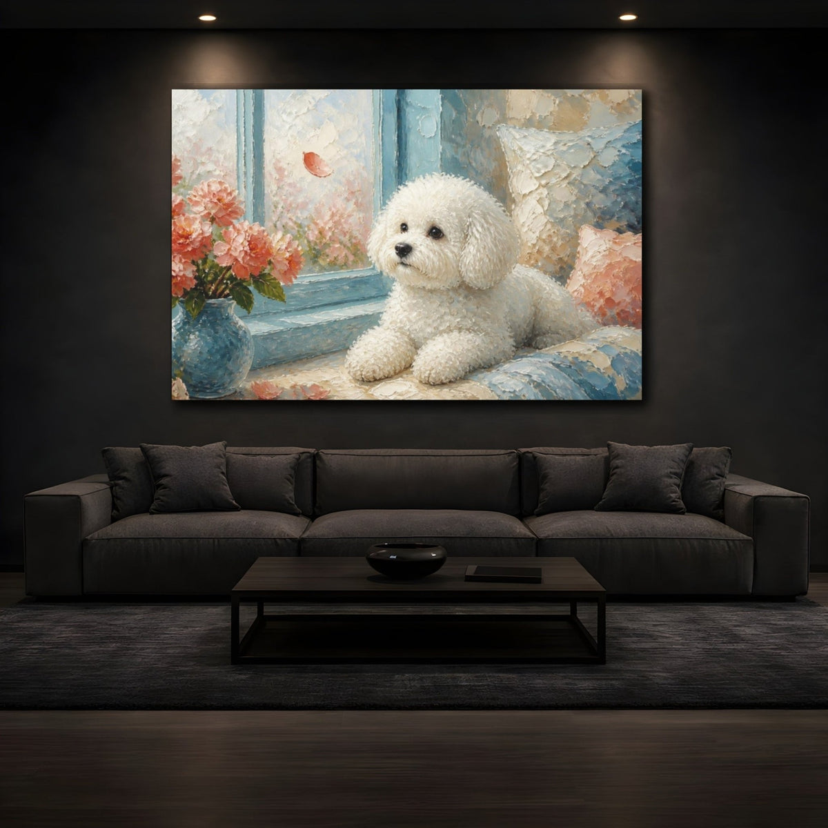 Bichon Frise Pet By Window Canvas Print – Living Room, Above Fireplace - YesArtYes