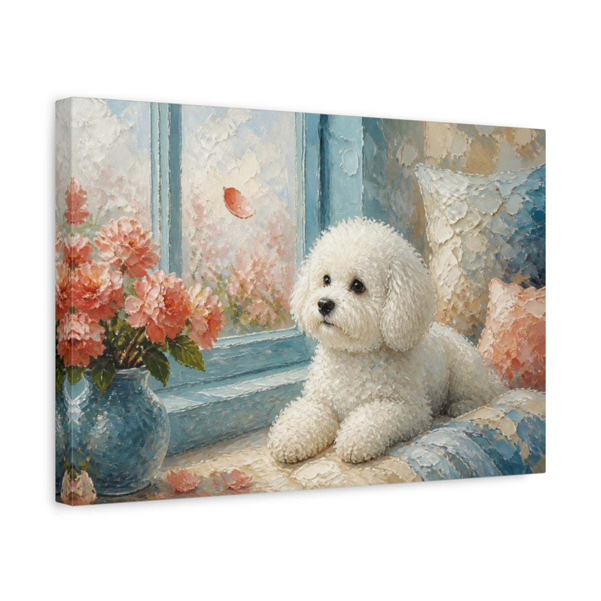 Side Mockup 4. Bichon Frise Pet By Window shown as canvas print