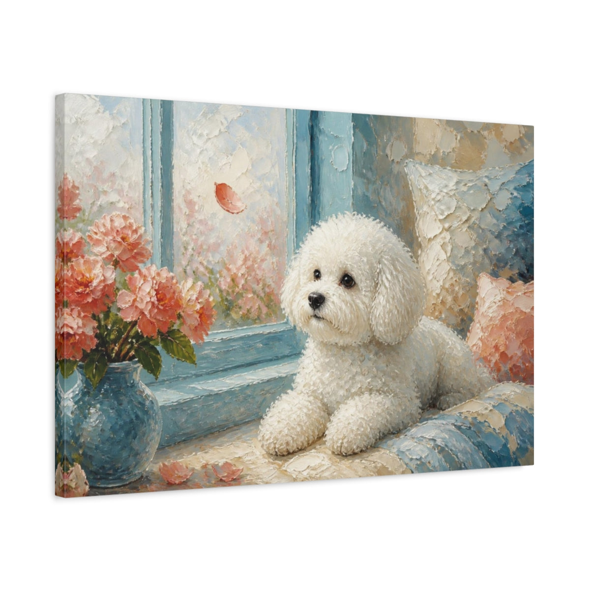 Side Mockup 2. Bichon Frise Pet By Window shown as canvas print