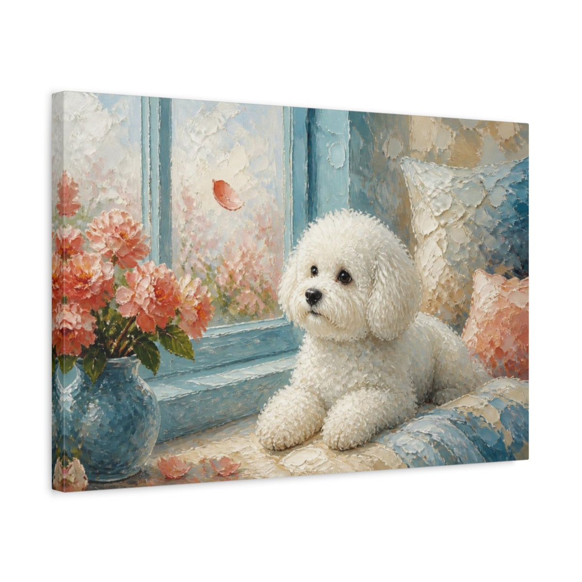 Side Mockup 3. Bichon Frise Pet By Window shown as canvas print