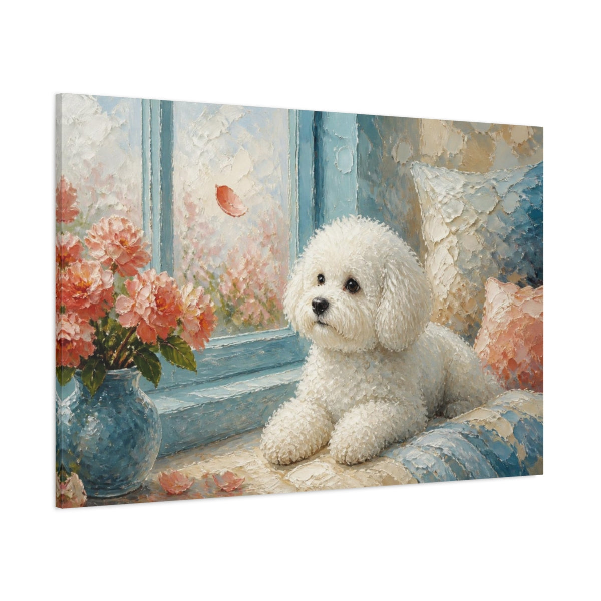 Side Mockup 1. Bichon Frise Pet By Window shown as canvas print