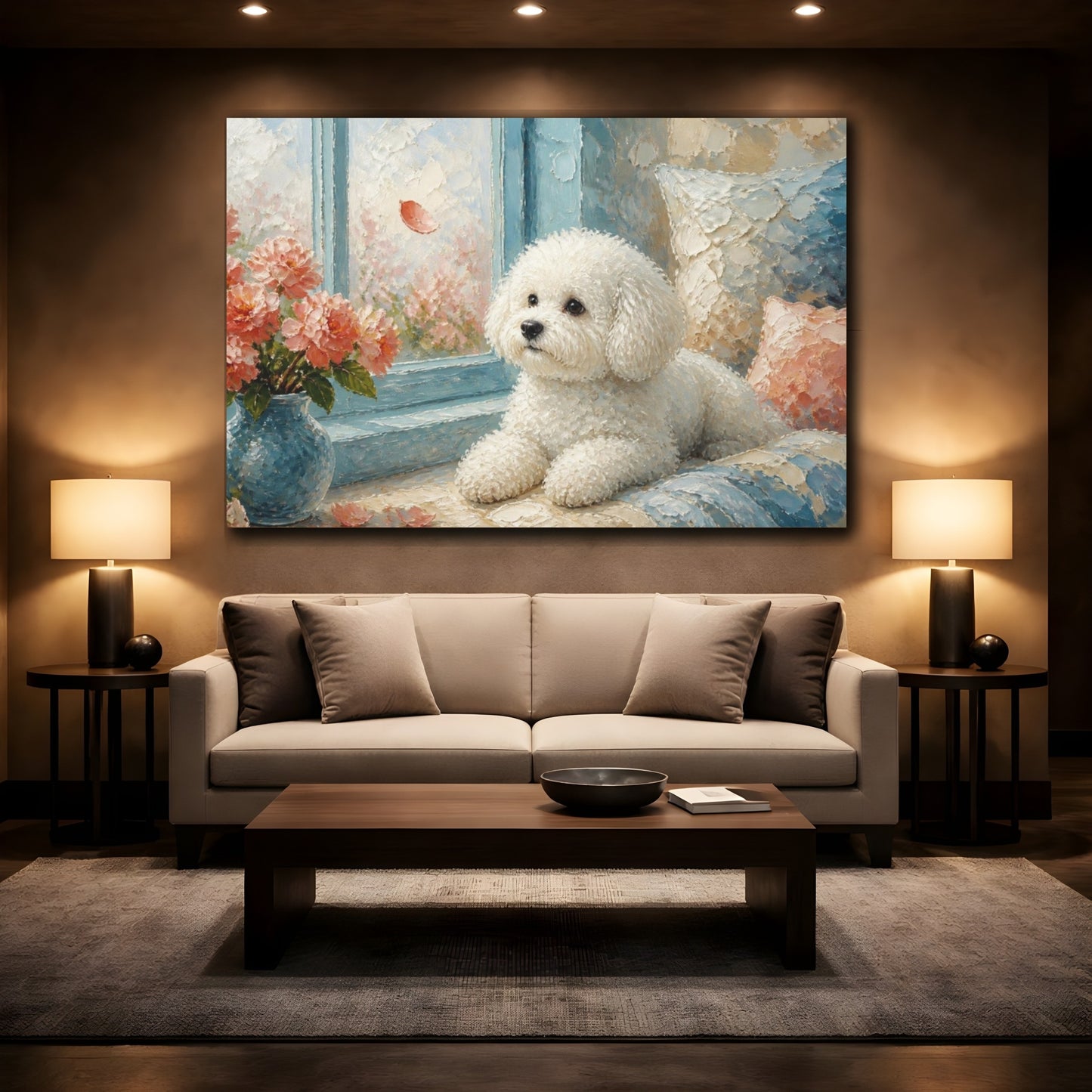 Mockup 2. Bichon Frise Pet By Window shown as canvas print