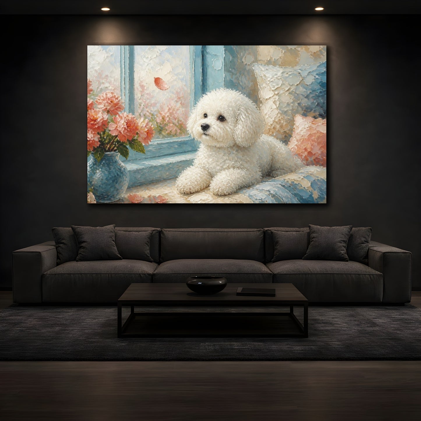 Mockup 3. Bichon Frise Pet By Window shown as canvas print