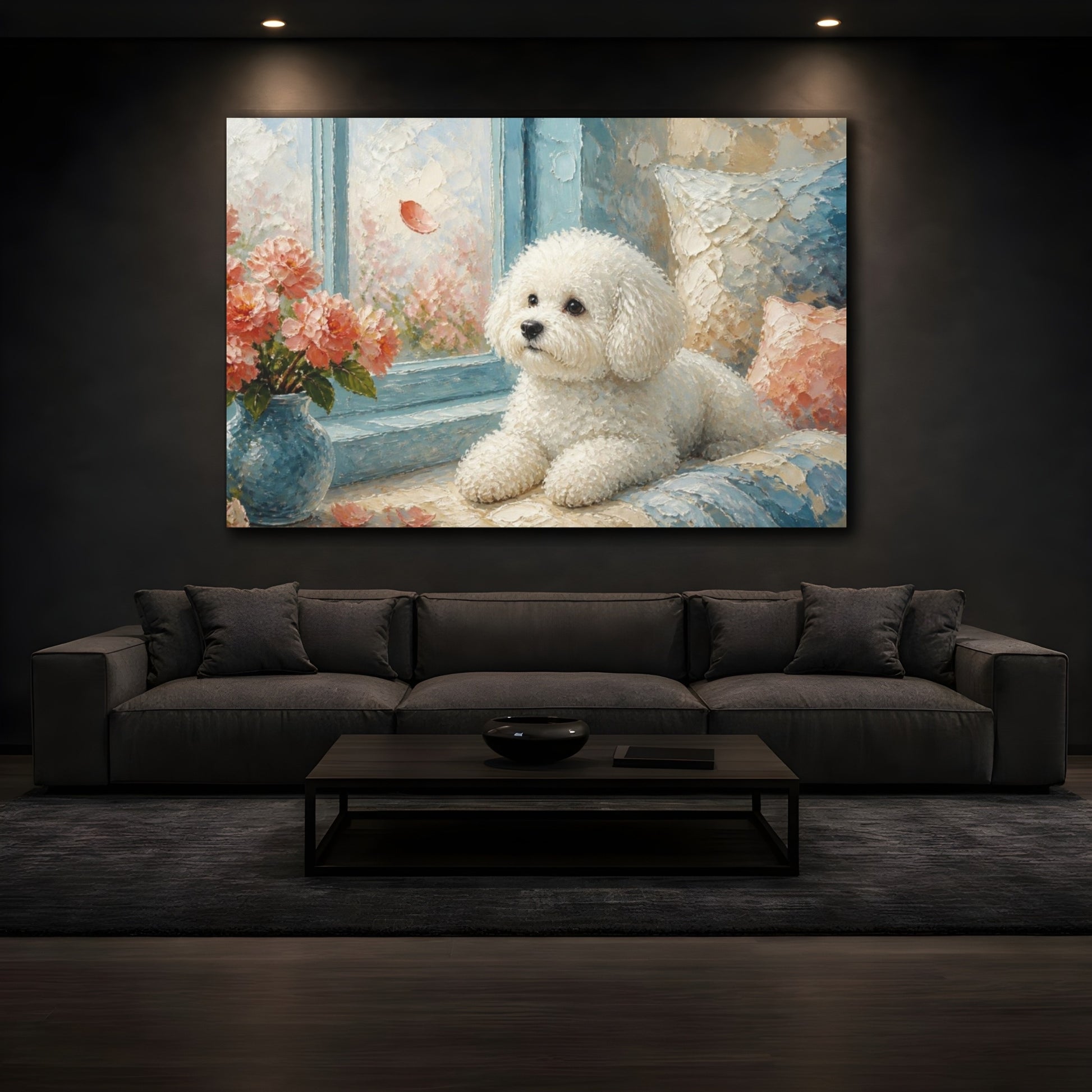 Mockup 3. Bichon Frise Pet By Window shown as canvas print