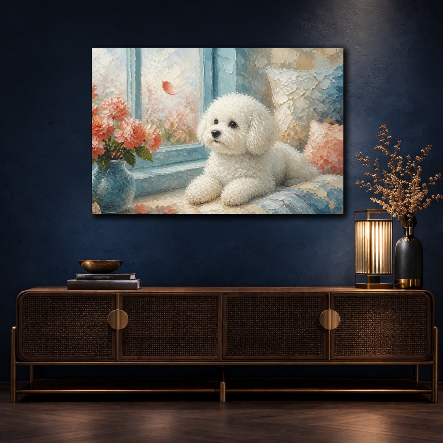 Mockup 4. Bichon Frise Pet By Window shown as canvas print
