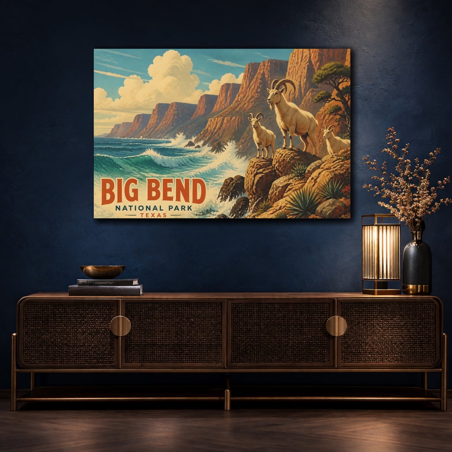 Mockup 4. Big Bend Clifftop Goats shown as canvas print