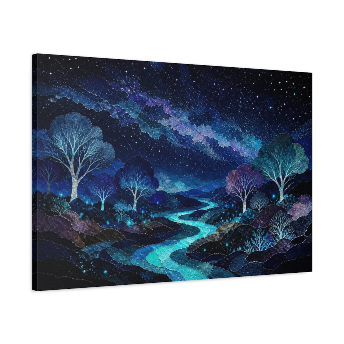 Main Mockup. Bioluminescent Starlit Trees shown as canvas print