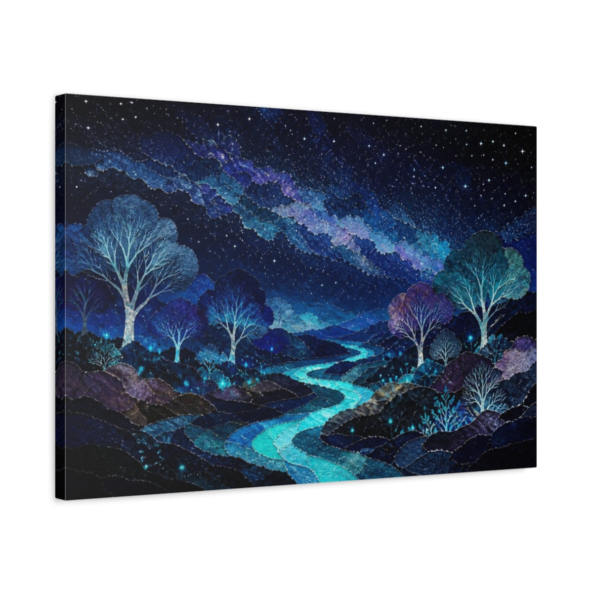 Side Mockup 2. Bioluminescent Starlit Trees shown as canvas print