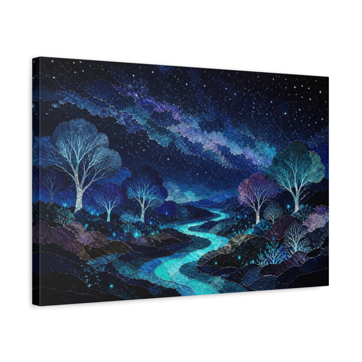 Side Mockup 3. Bioluminescent Starlit Trees shown as canvas print