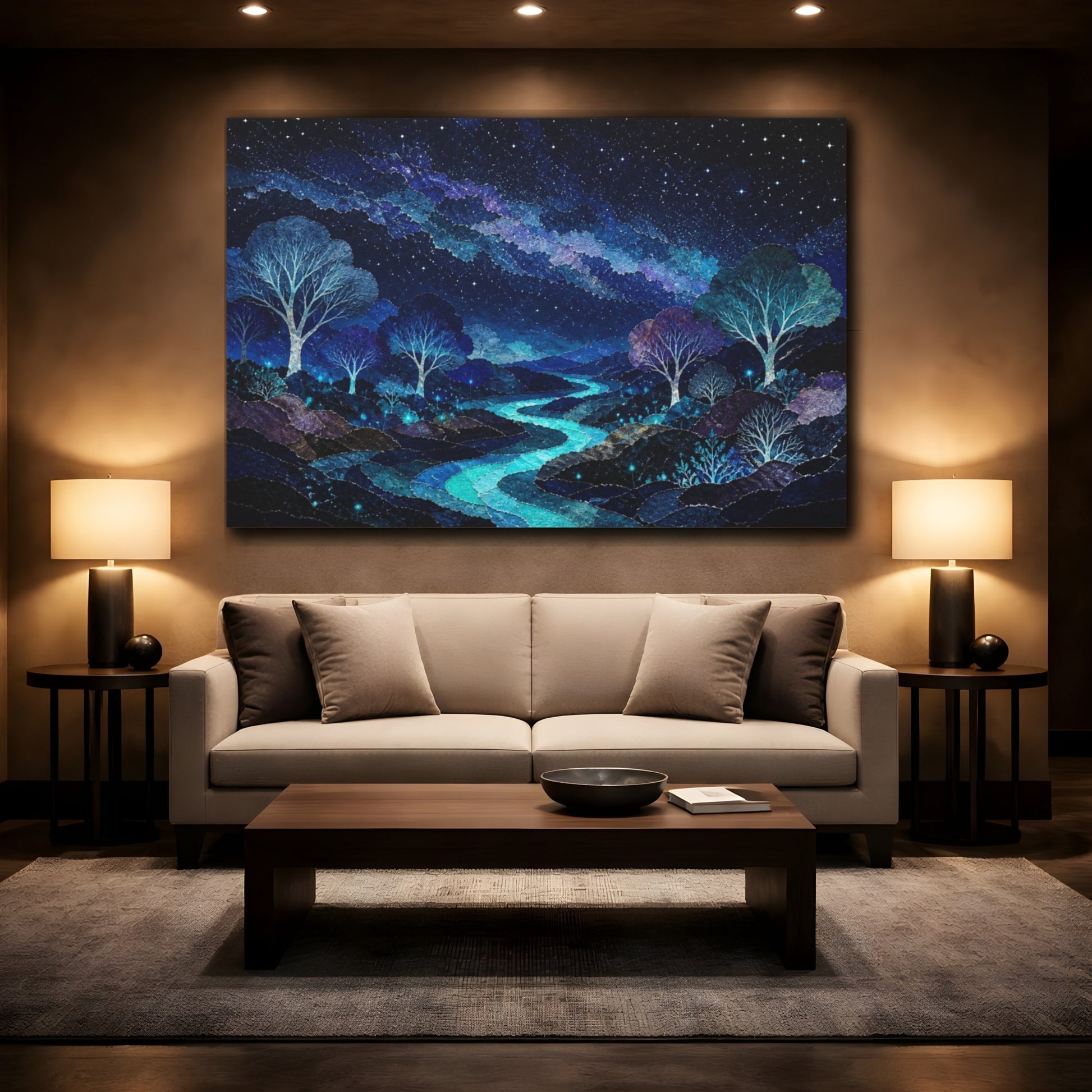 Mockup 2. Bioluminescent Starlit Trees shown as canvas print