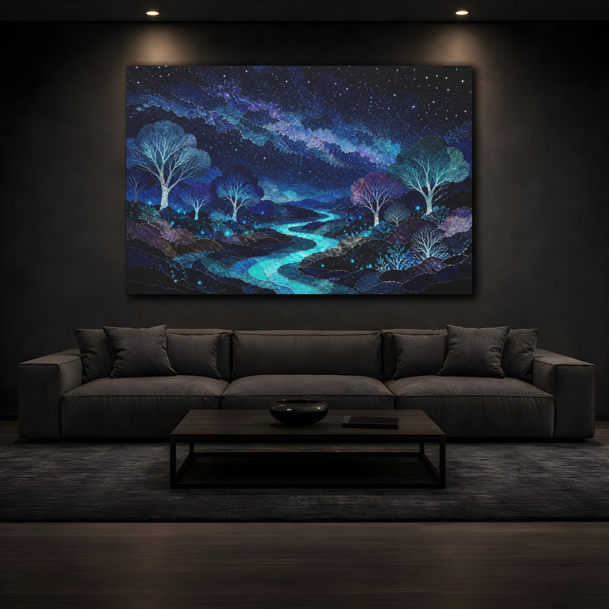 Mockup 3. Bioluminescent Starlit Trees shown as canvas print