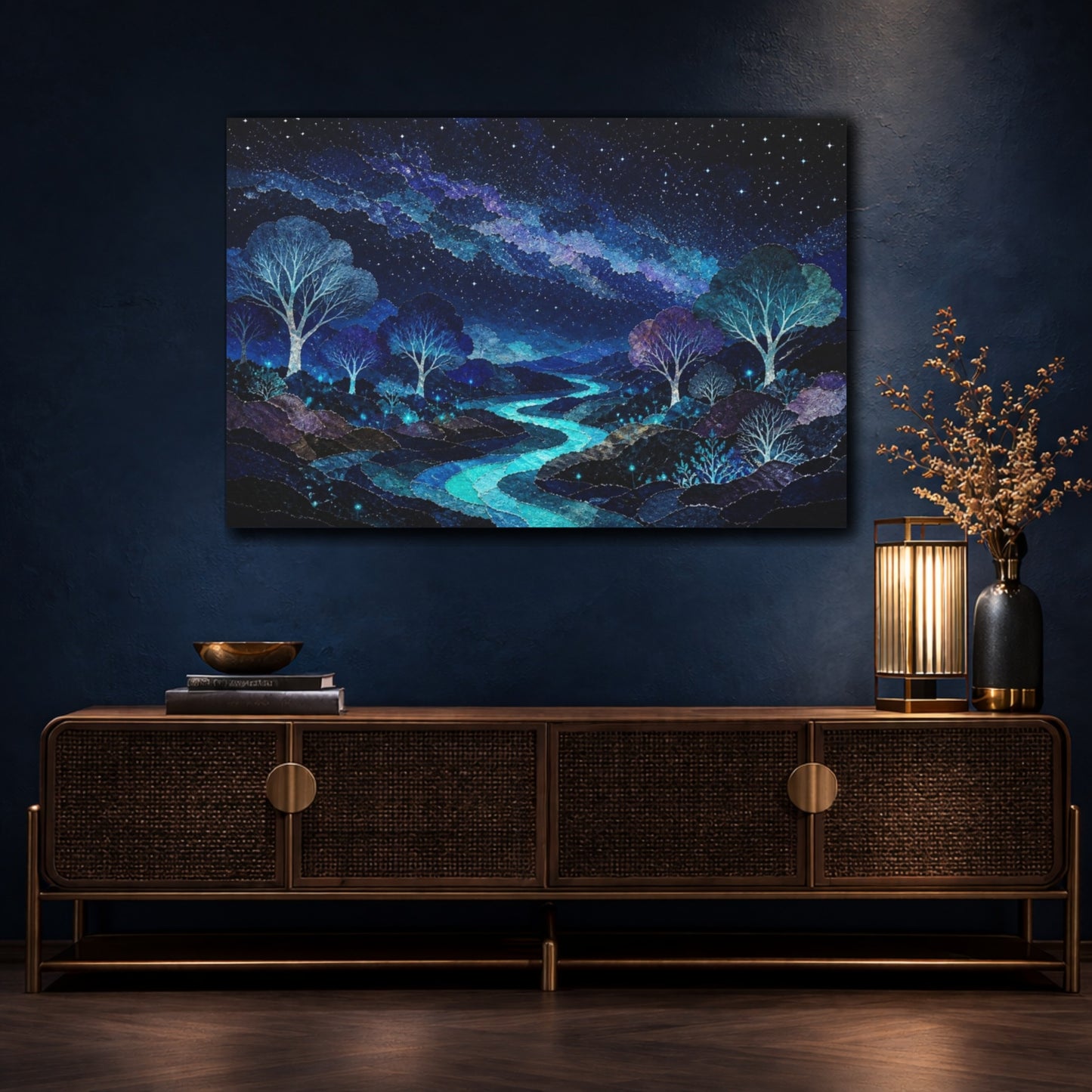 Mockup 4. Bioluminescent Starlit Trees shown as canvas print