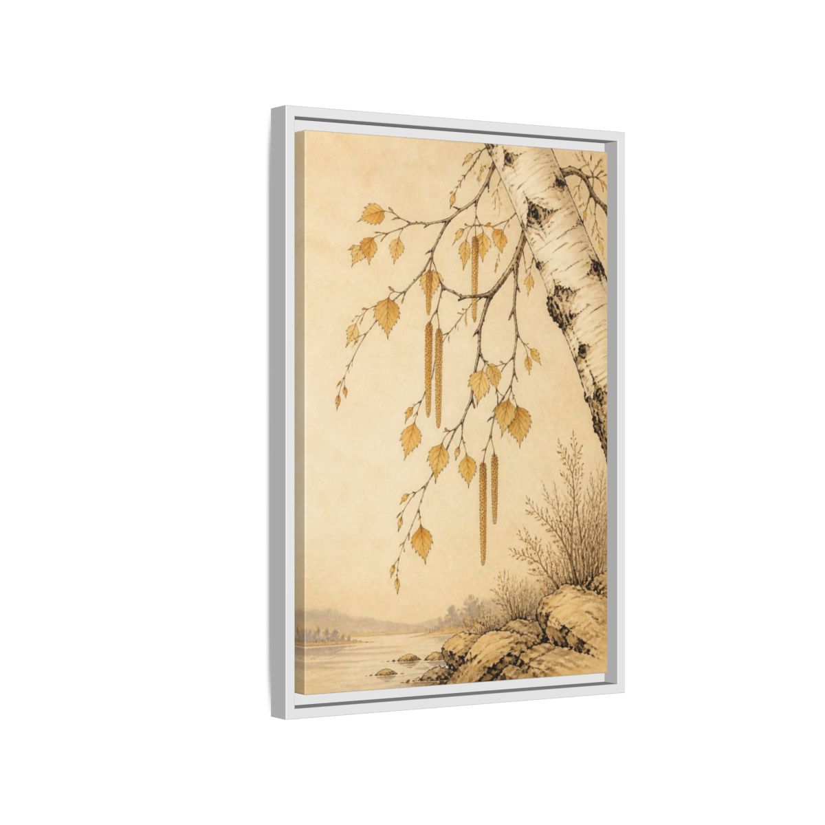 Side Mockup 1. Birch Branch Nature Study shown as framed canvas print