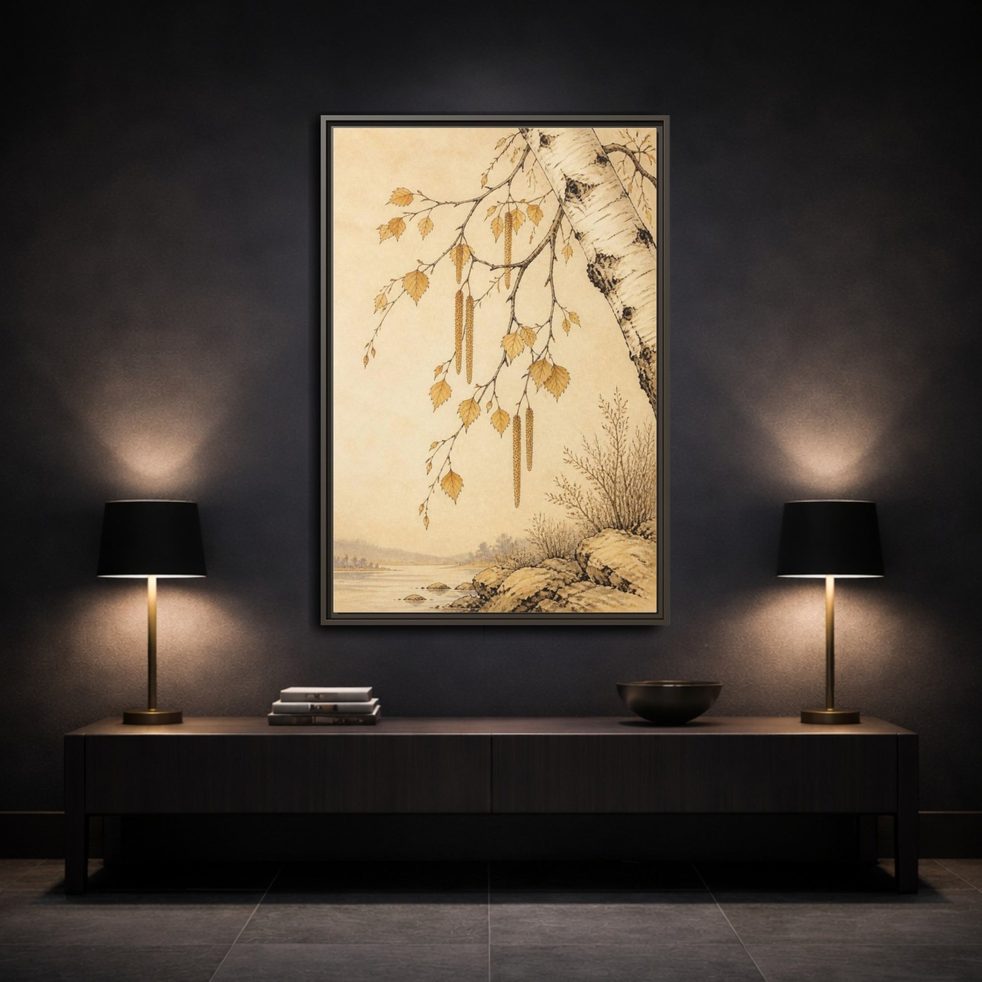 Mockup 3. Birch Branch Nature Study shown as framed canvas print