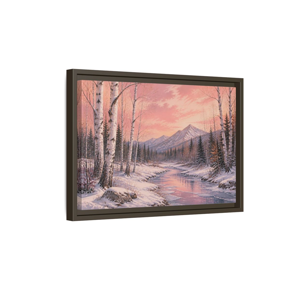 Side Mockup 5. Birch Landscape At Sunset shown as framed canvas print