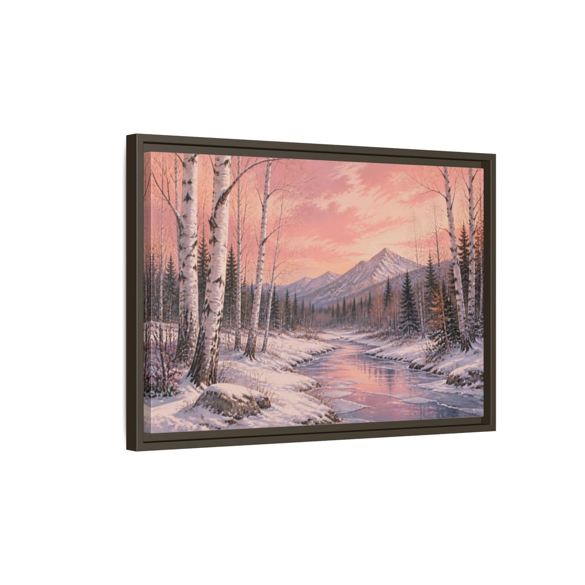 Side Mockup 2. Birch Landscape At Sunset shown as framed canvas print