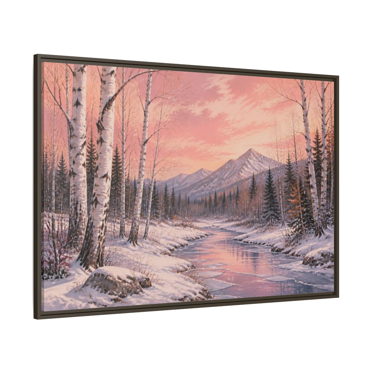 Side Mockup 8. Birch Landscape At Sunset shown as framed canvas print