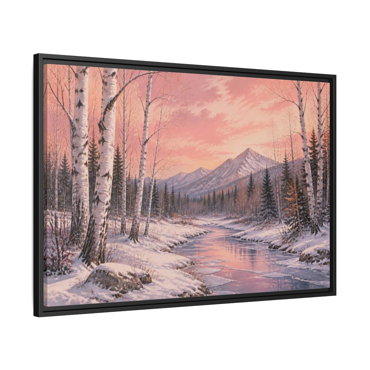 Side Mockup 13. Birch Landscape At Sunset shown as framed canvas print