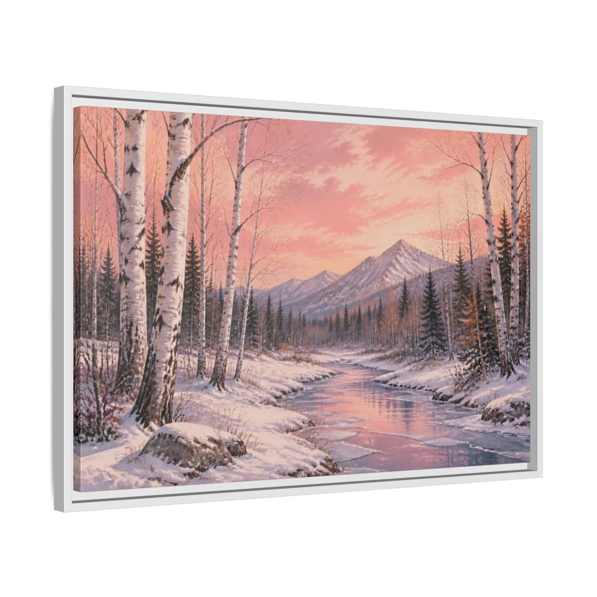 Side Mockup 10. Birch Landscape At Sunset shown as framed canvas print