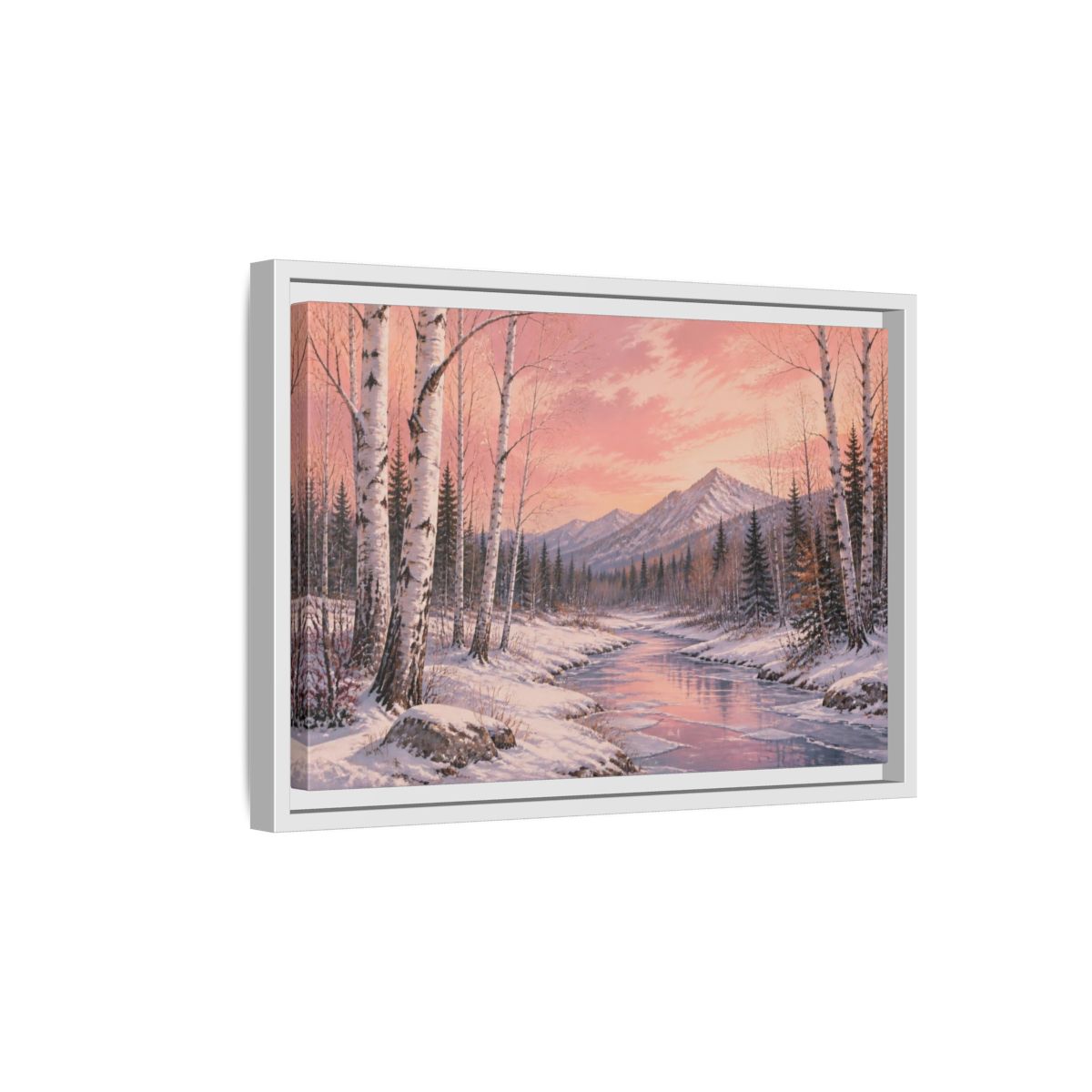 Side Mockup 4. Birch Landscape At Sunset shown as framed canvas print
