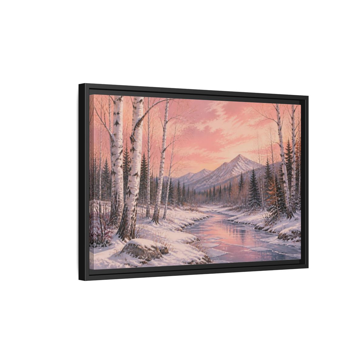 Side Mockup 3. Birch Landscape At Sunset shown as framed canvas print