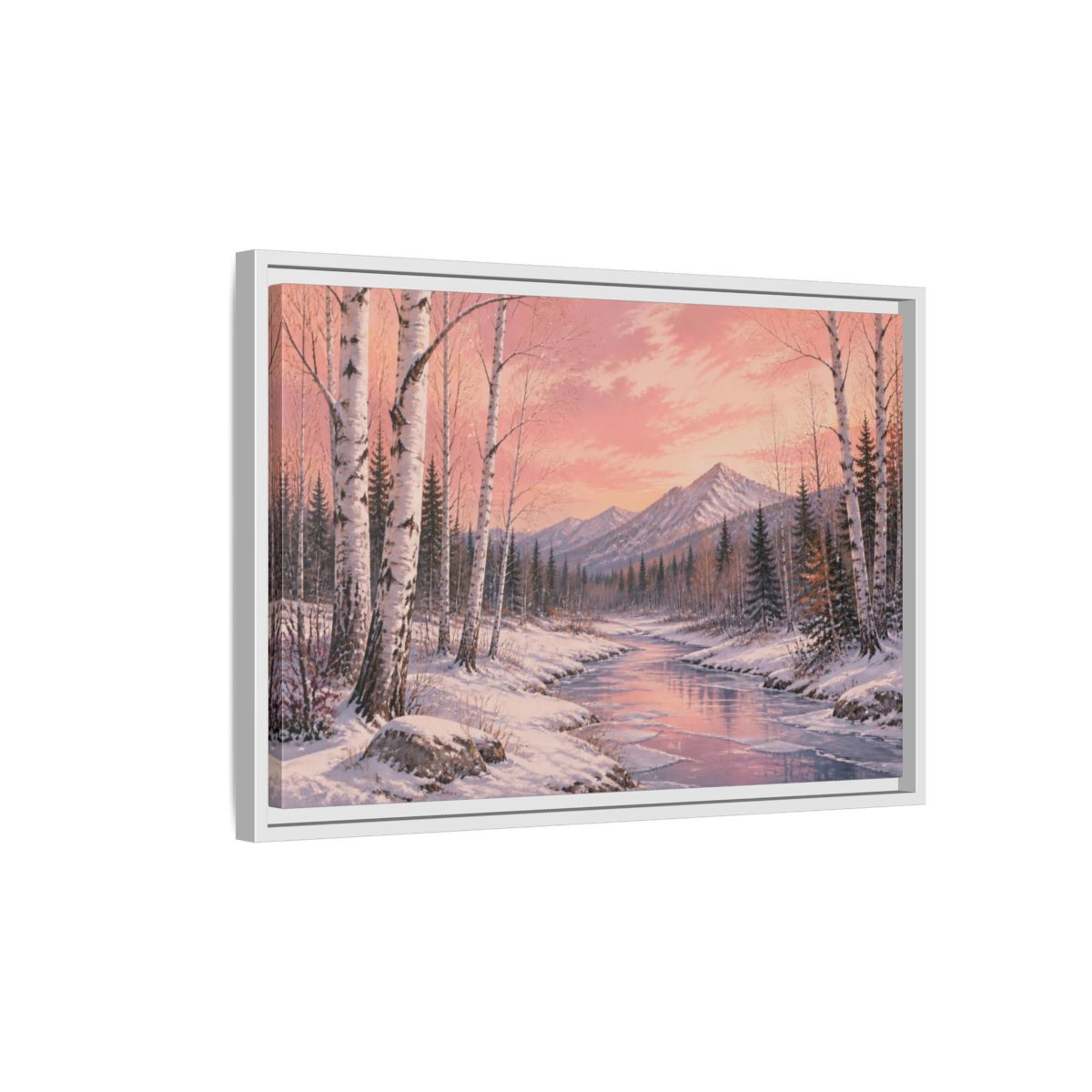 Side Mockup 1. Birch Landscape At Sunset shown as framed canvas print