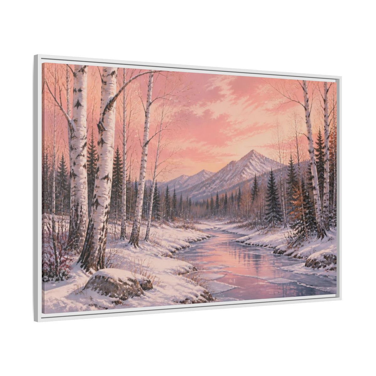 Side Mockup 7. Birch Landscape At Sunset shown as framed canvas print