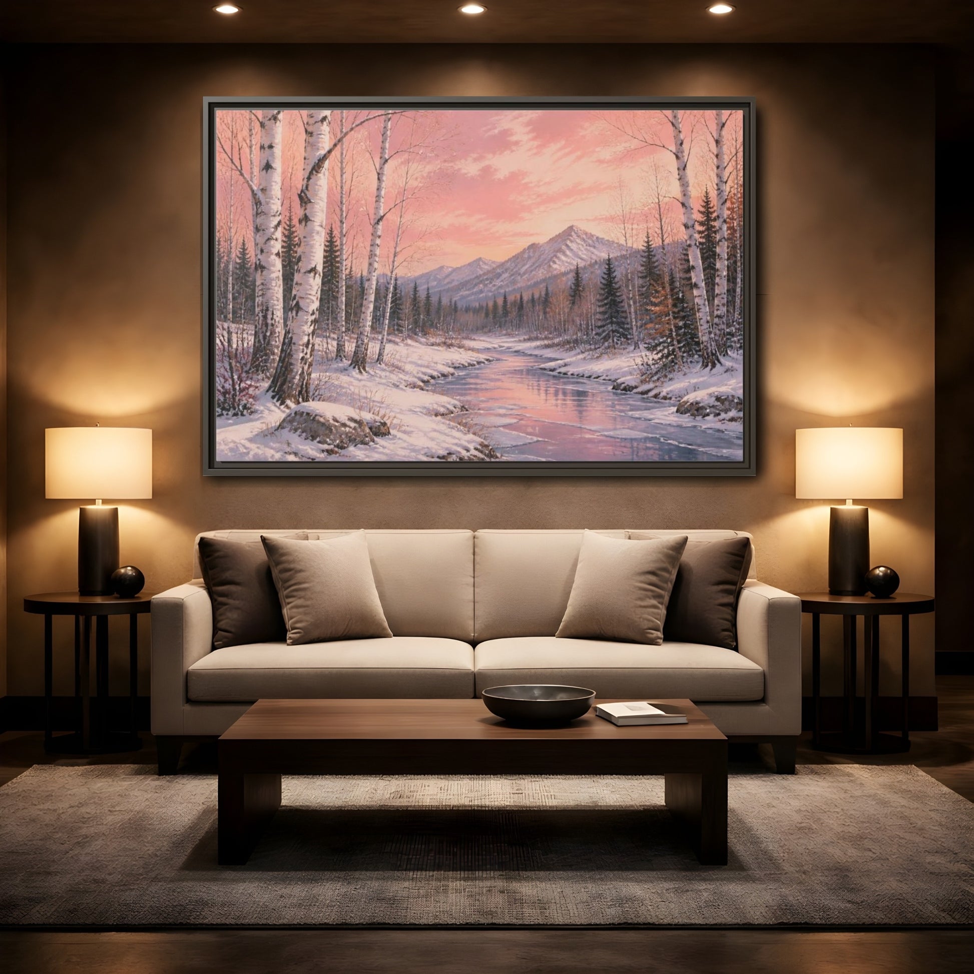 Mockup 2. Birch Landscape At Sunset shown as framed canvas print