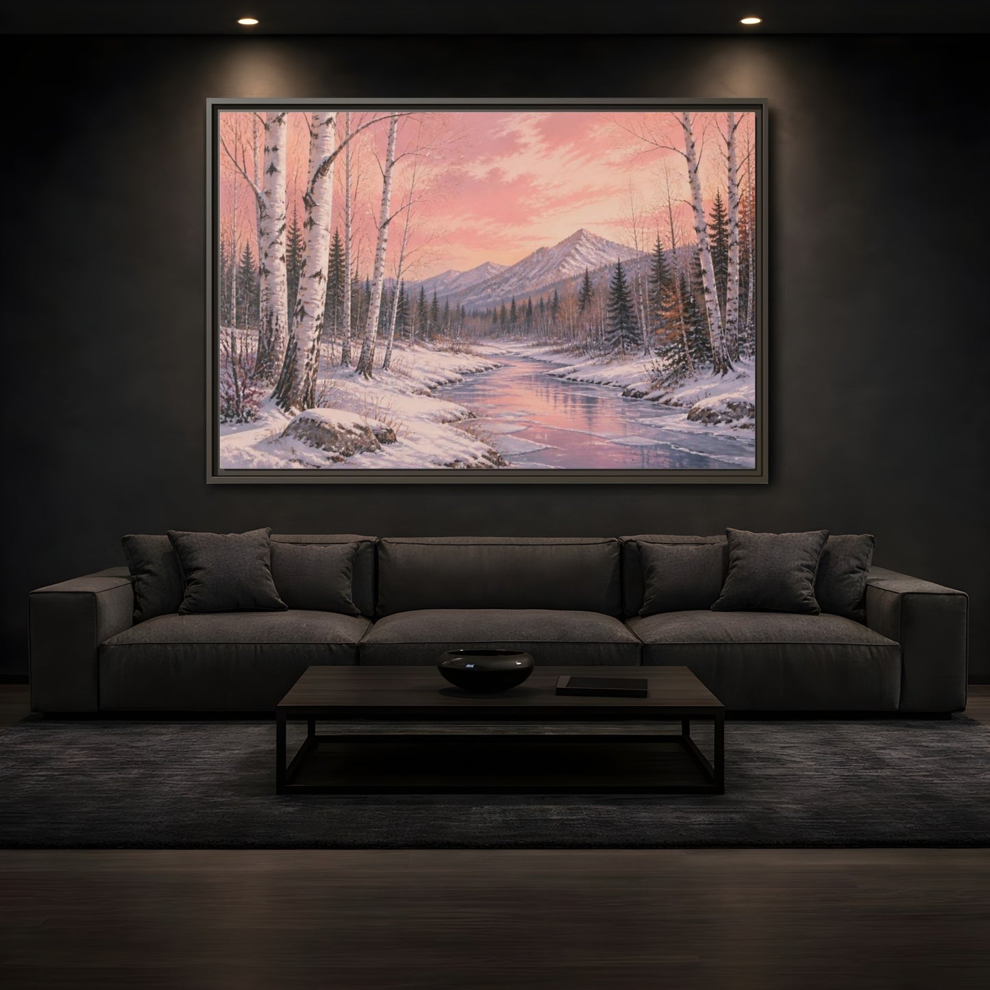 Mockup 3. Birch Landscape At Sunset shown as framed canvas print