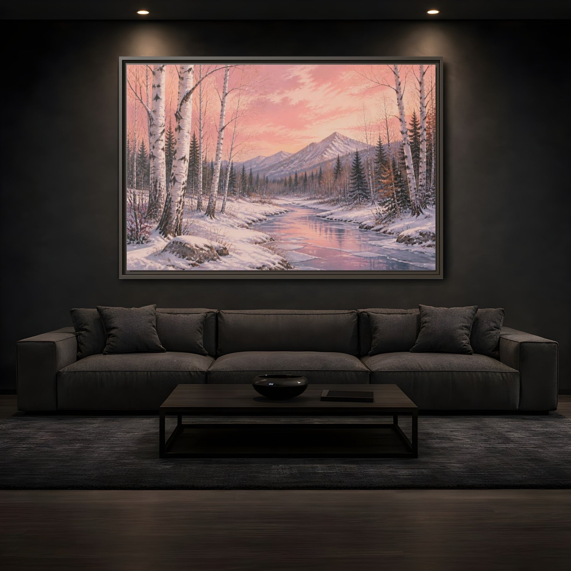 Mockup 3. Birch Landscape At Sunset shown as framed canvas print