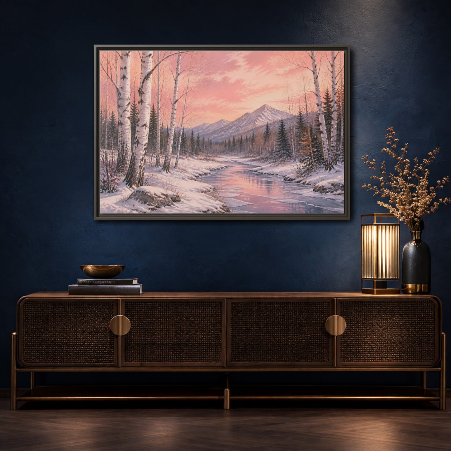 Mockup 4. Birch Landscape At Sunset shown as framed canvas print