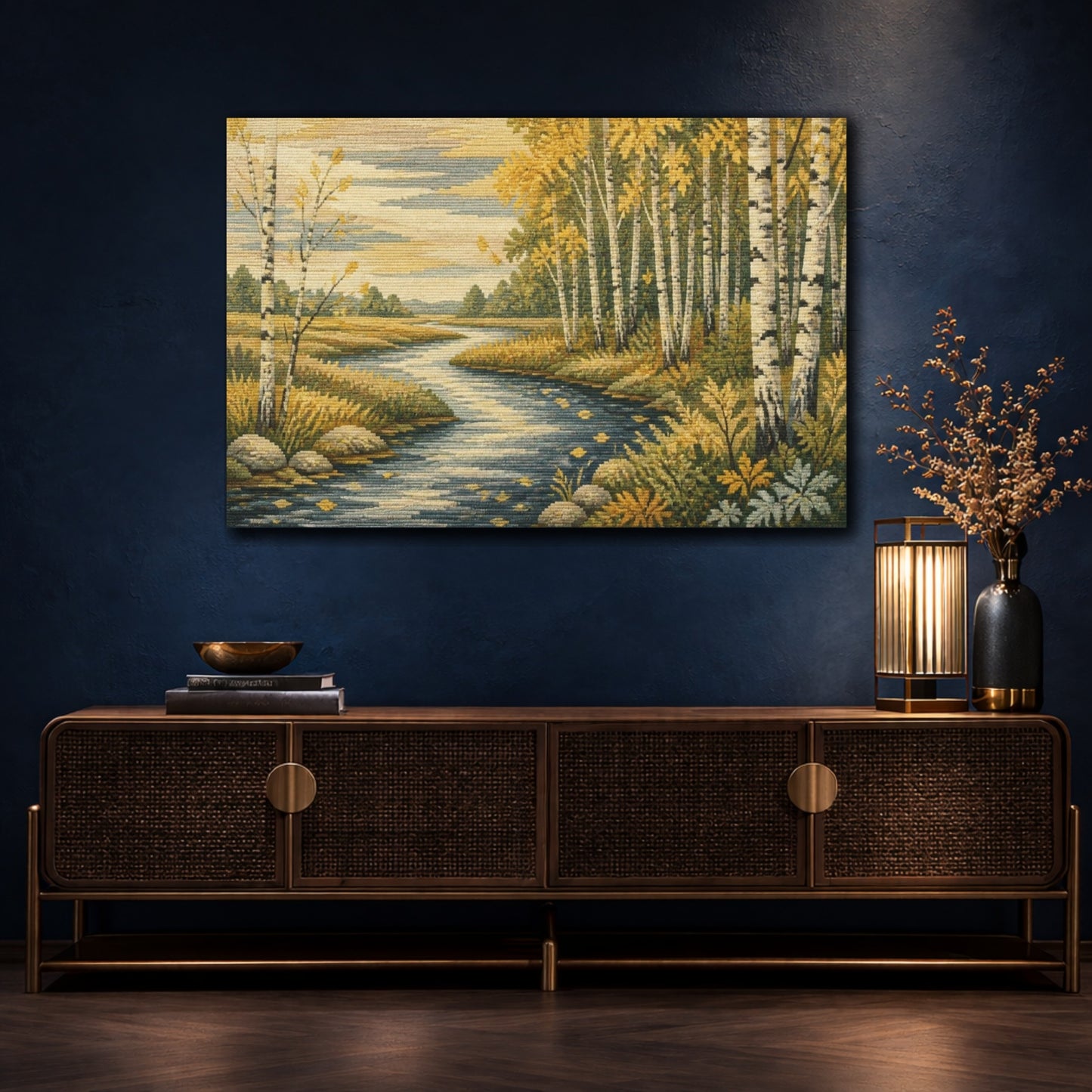 Mockup 4. Birch River Nature Scene shown as canvas print