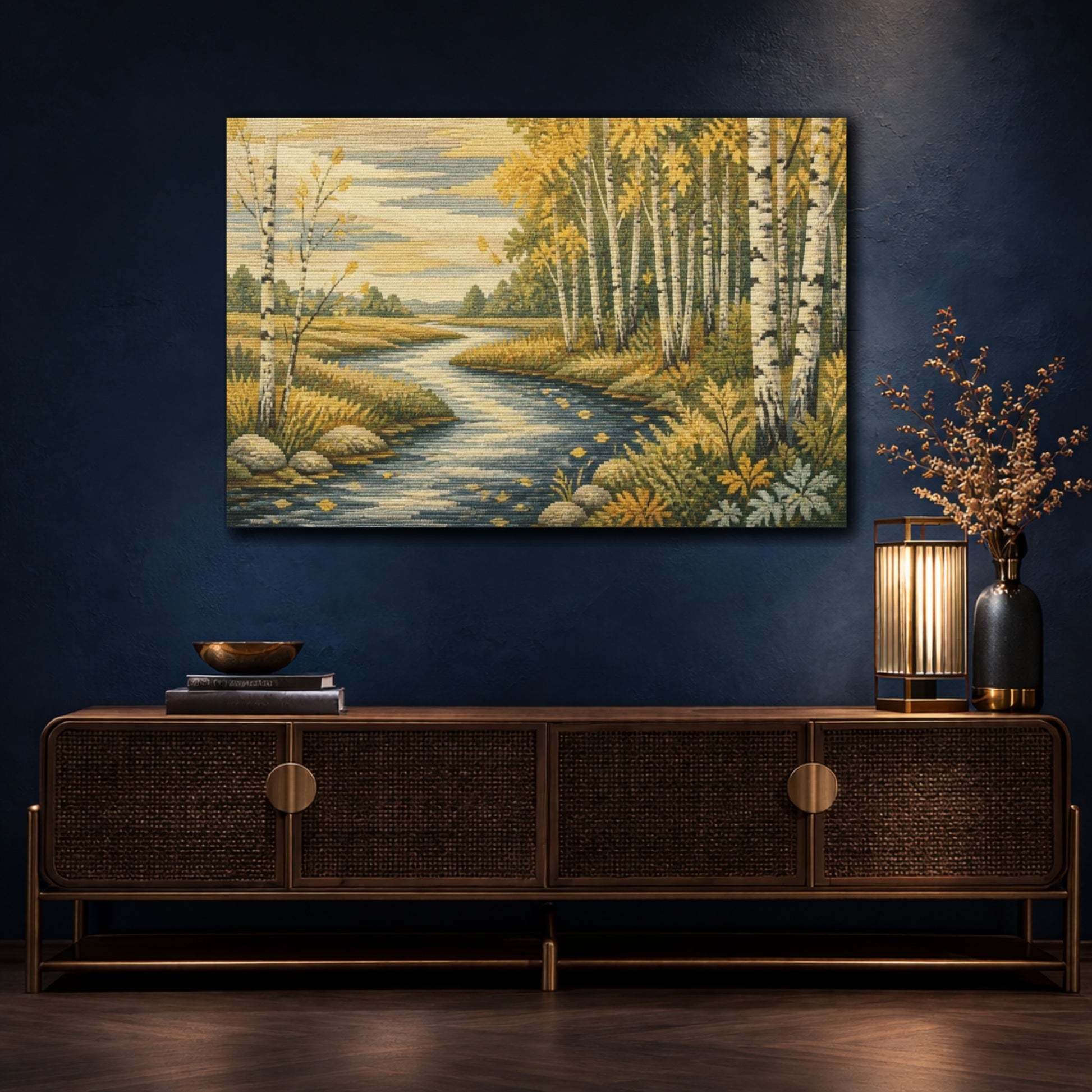 Mockup 4. Birch River Nature Scene shown as canvas print