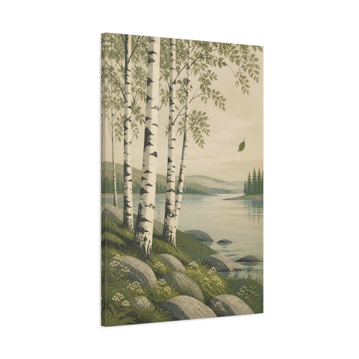 Main Mockup. Birch Trees By Lake shown as canvas print