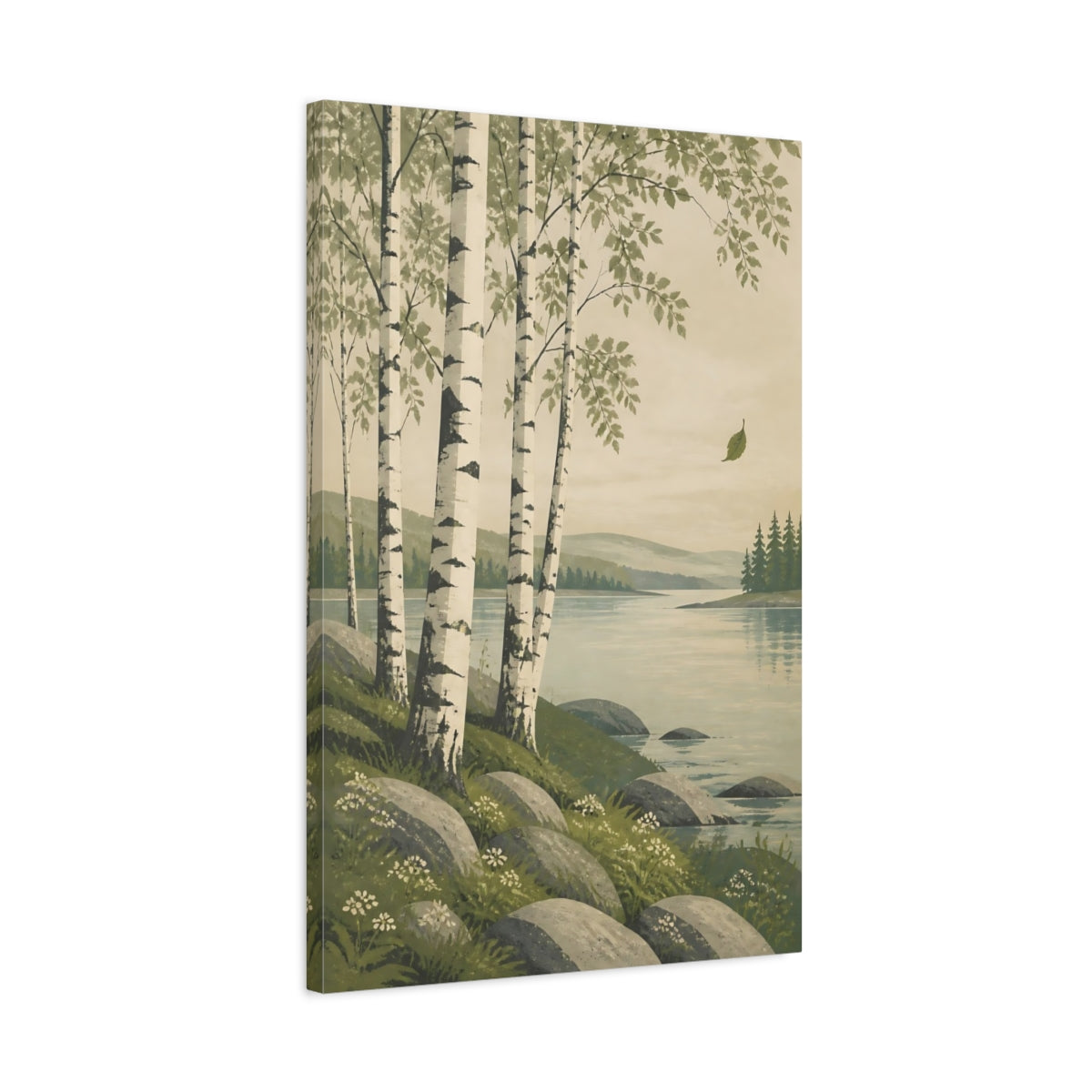 Side Mockup 2. Birch Trees By Lake shown as canvas print