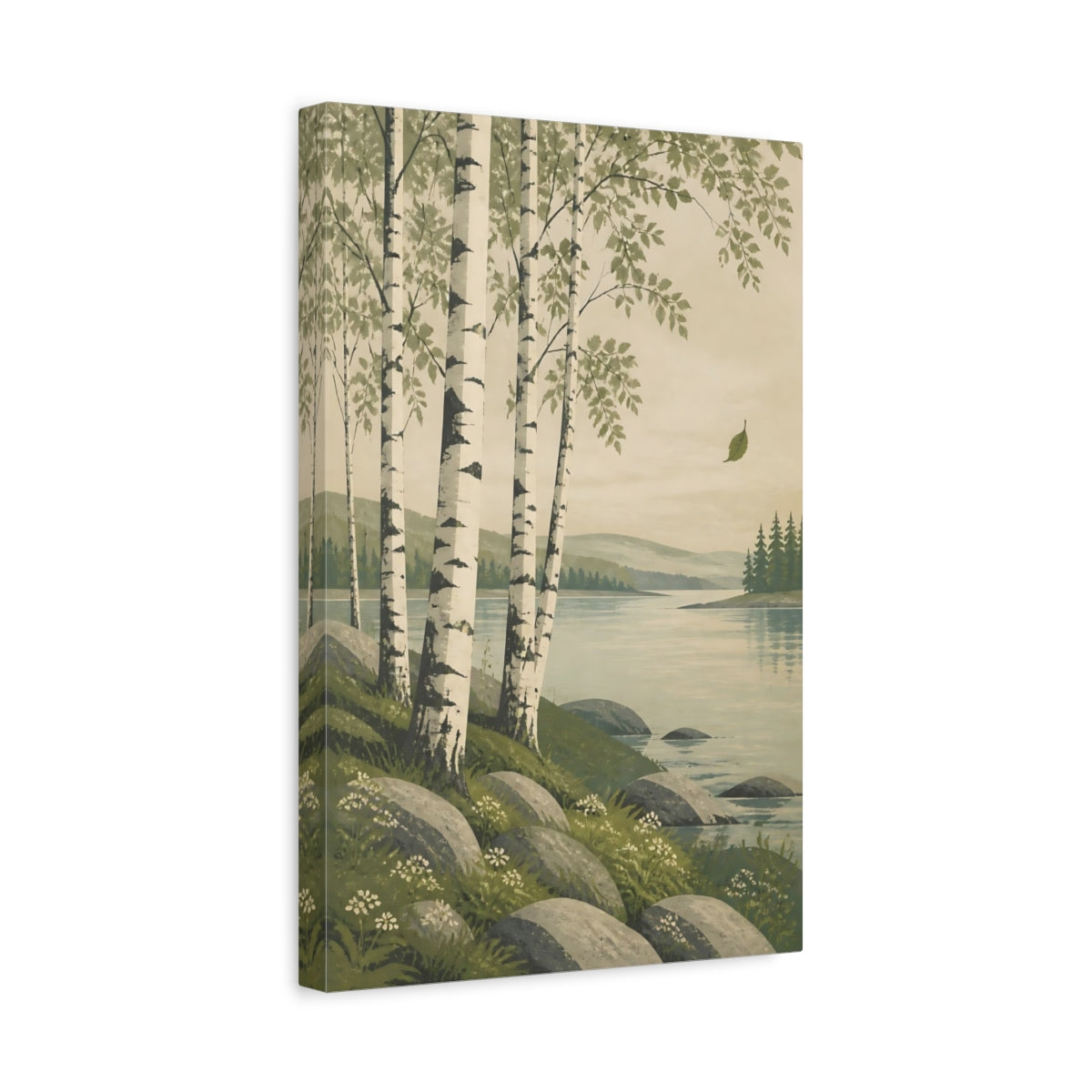 Side Mockup 4. Birch Trees By Lake shown as canvas print