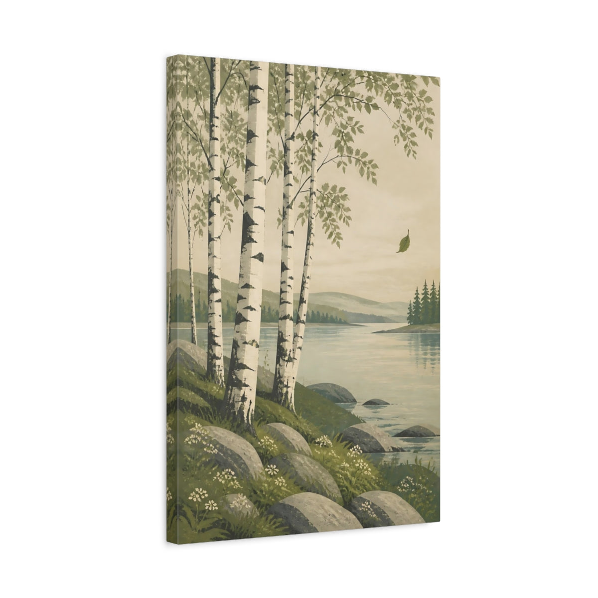 Side Mockup 3. Birch Trees By Lake shown as canvas print